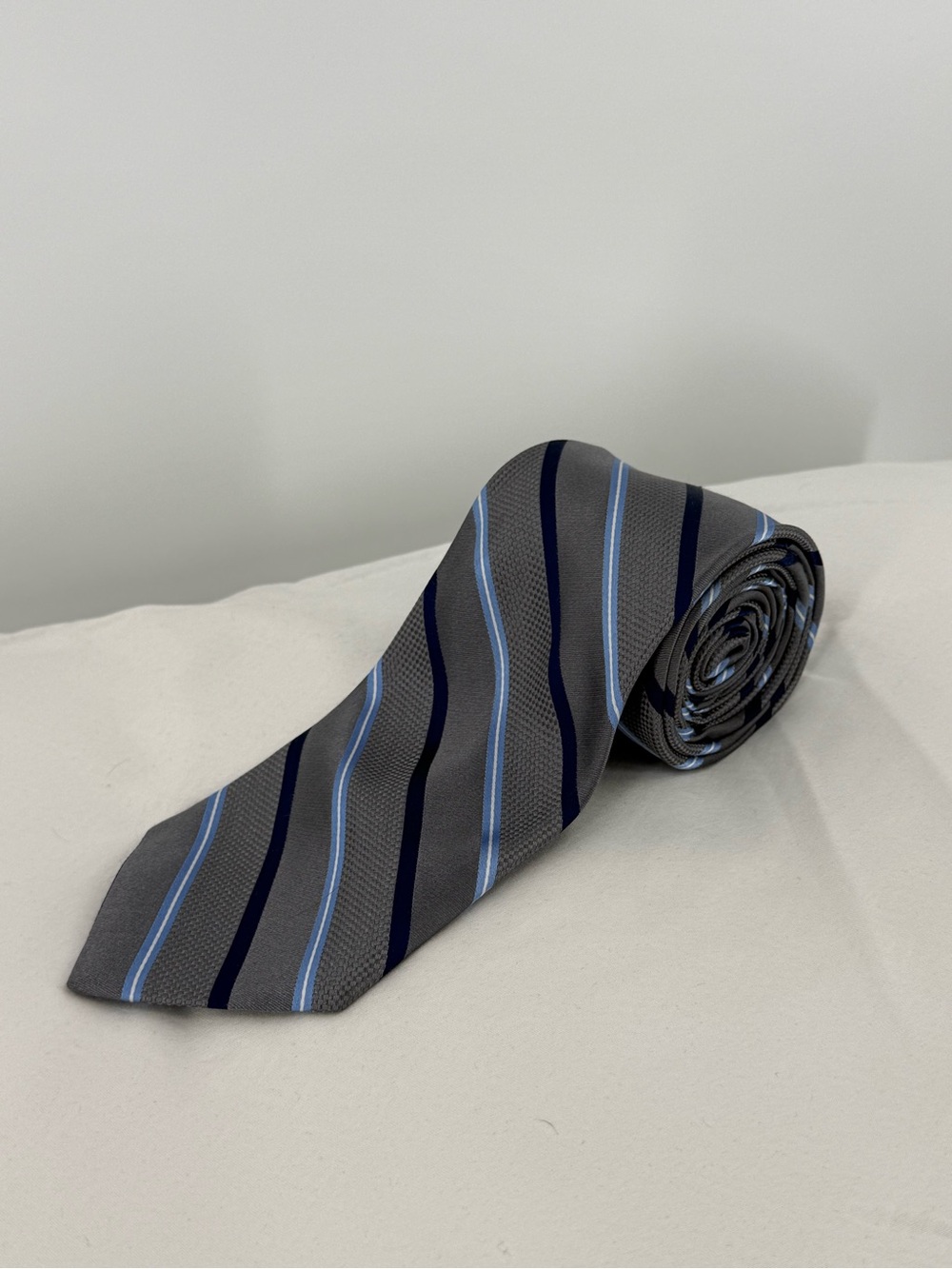 Stafford Gray Tie with Navy and Light Blue Stripes